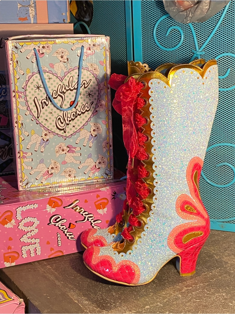Irregular Choice sparkly Can-Can boots,hot pink patent,sky blue glitter,ribbon - Picture 1 of 16